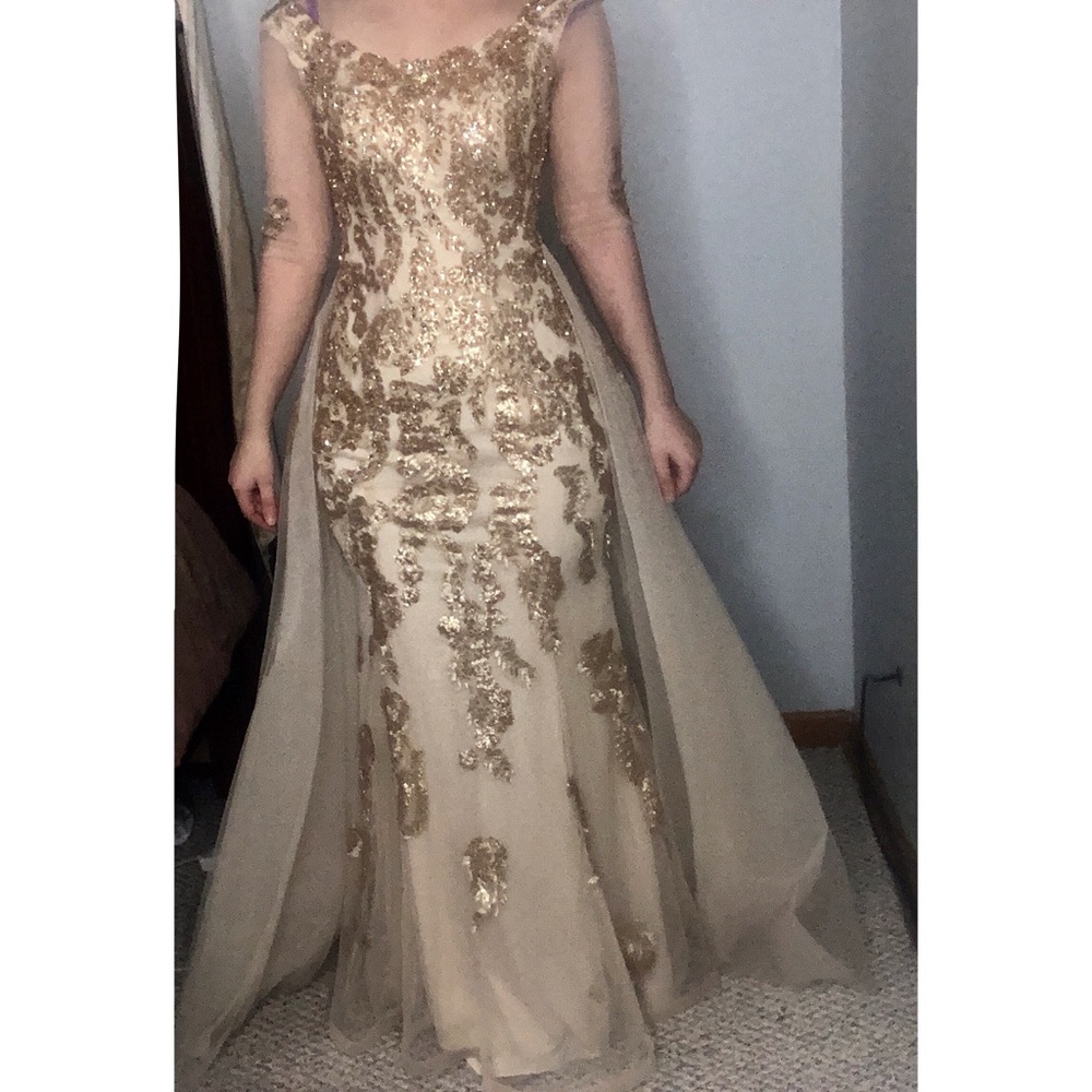 Azure couture dress with added sleeves (BRAND NEW)